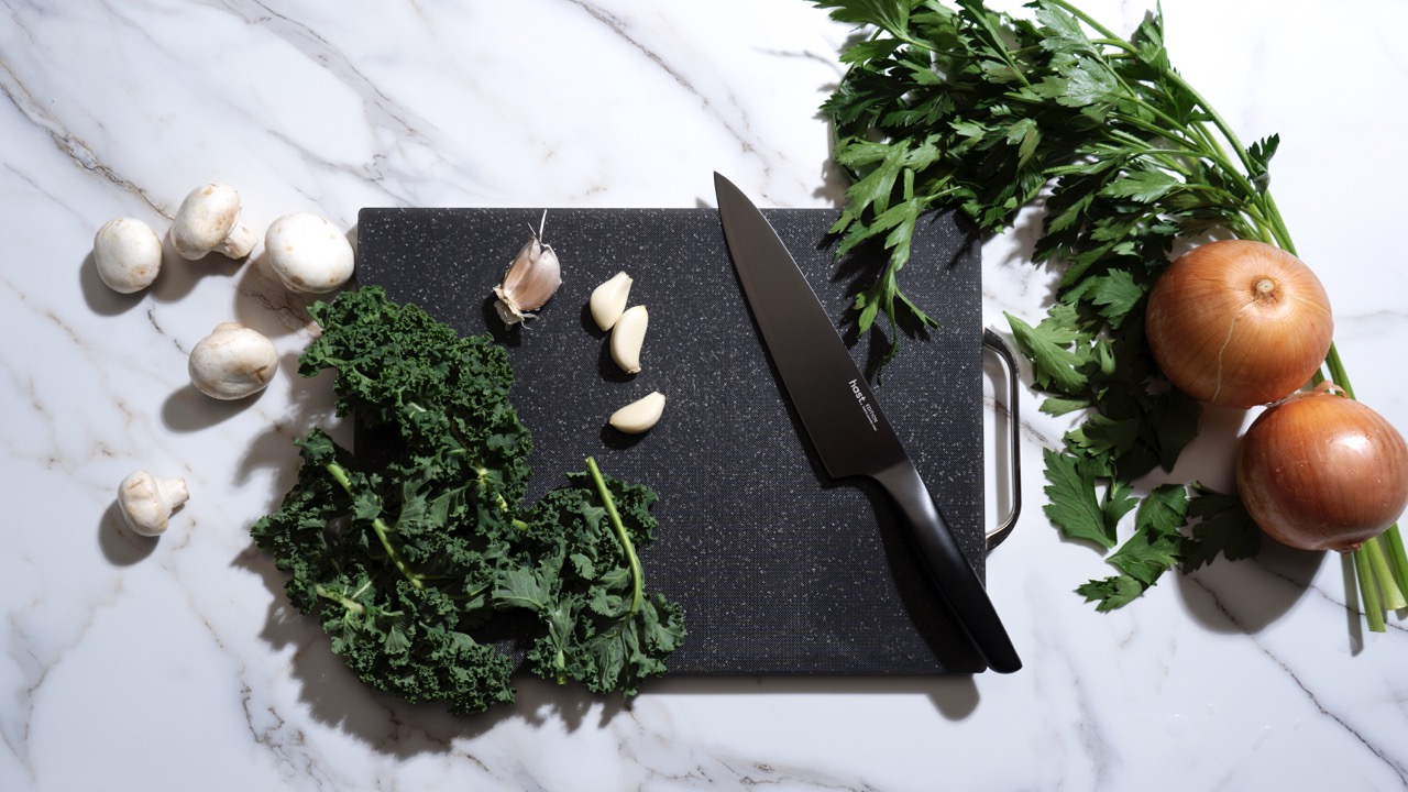 The knife on a marble counter, spotless