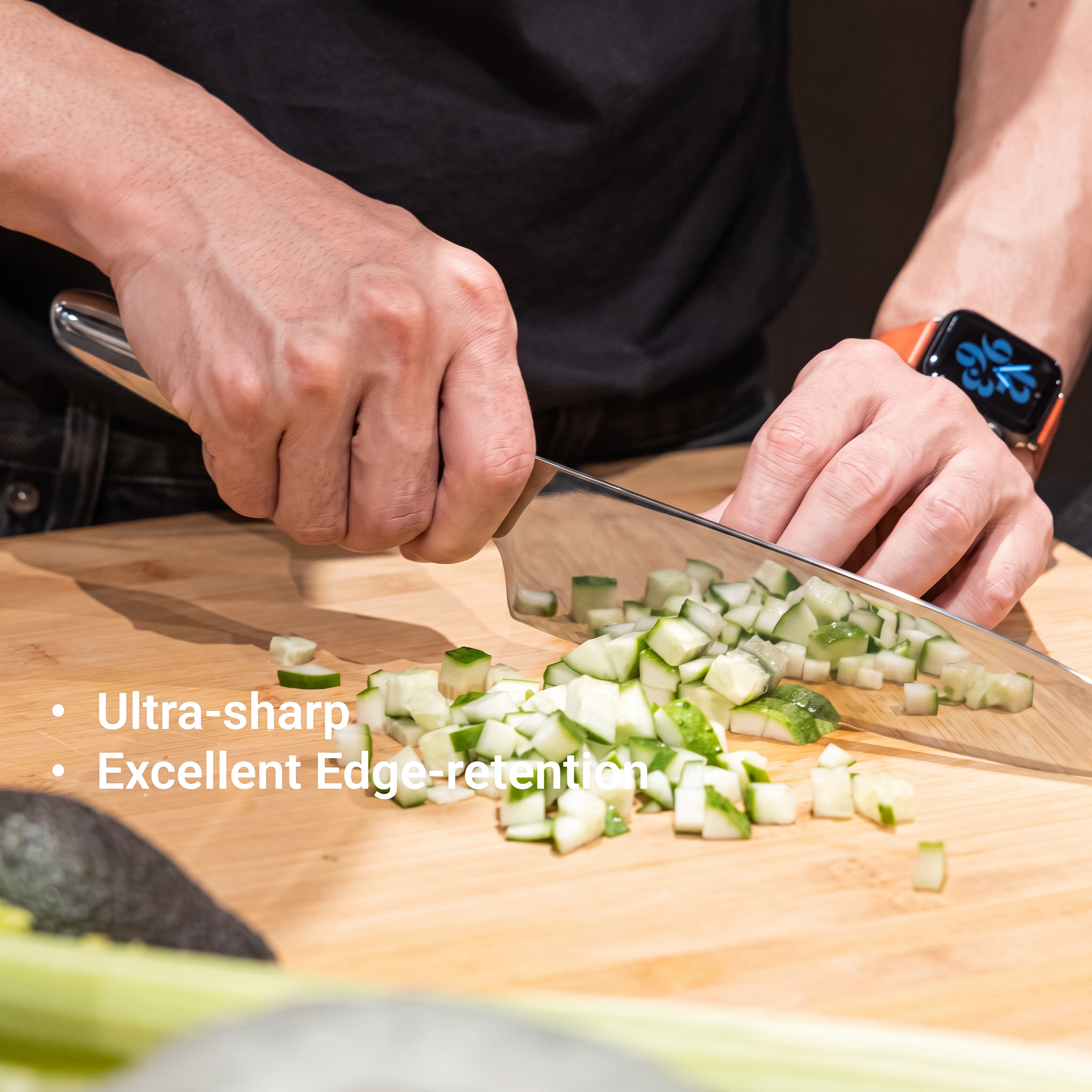 Absolute Glossy knife dicing cucumber — ultra-sharp, excellent edge retention