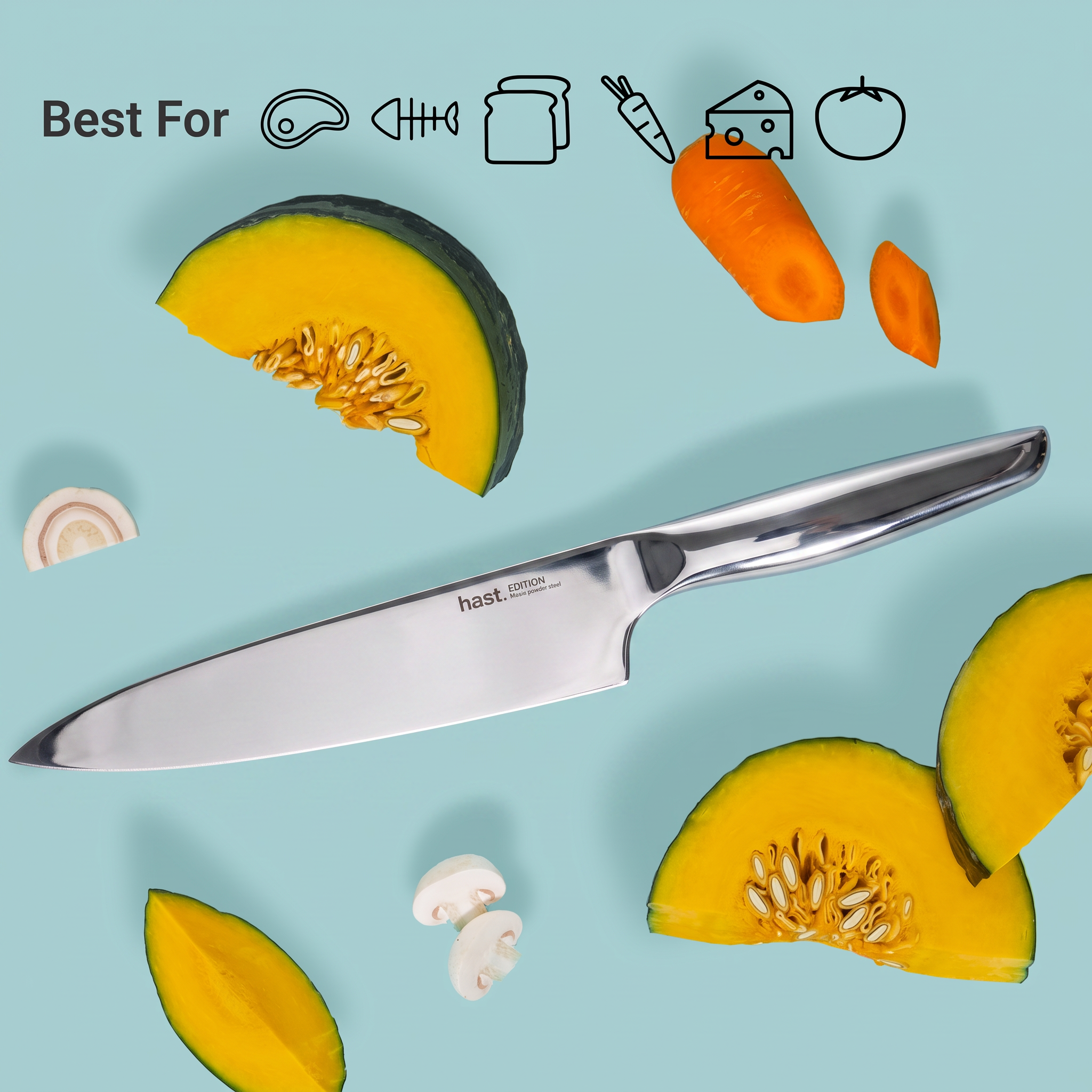 Absolute Glossy knife flatlay — best for meat, fish, bread and vegetables