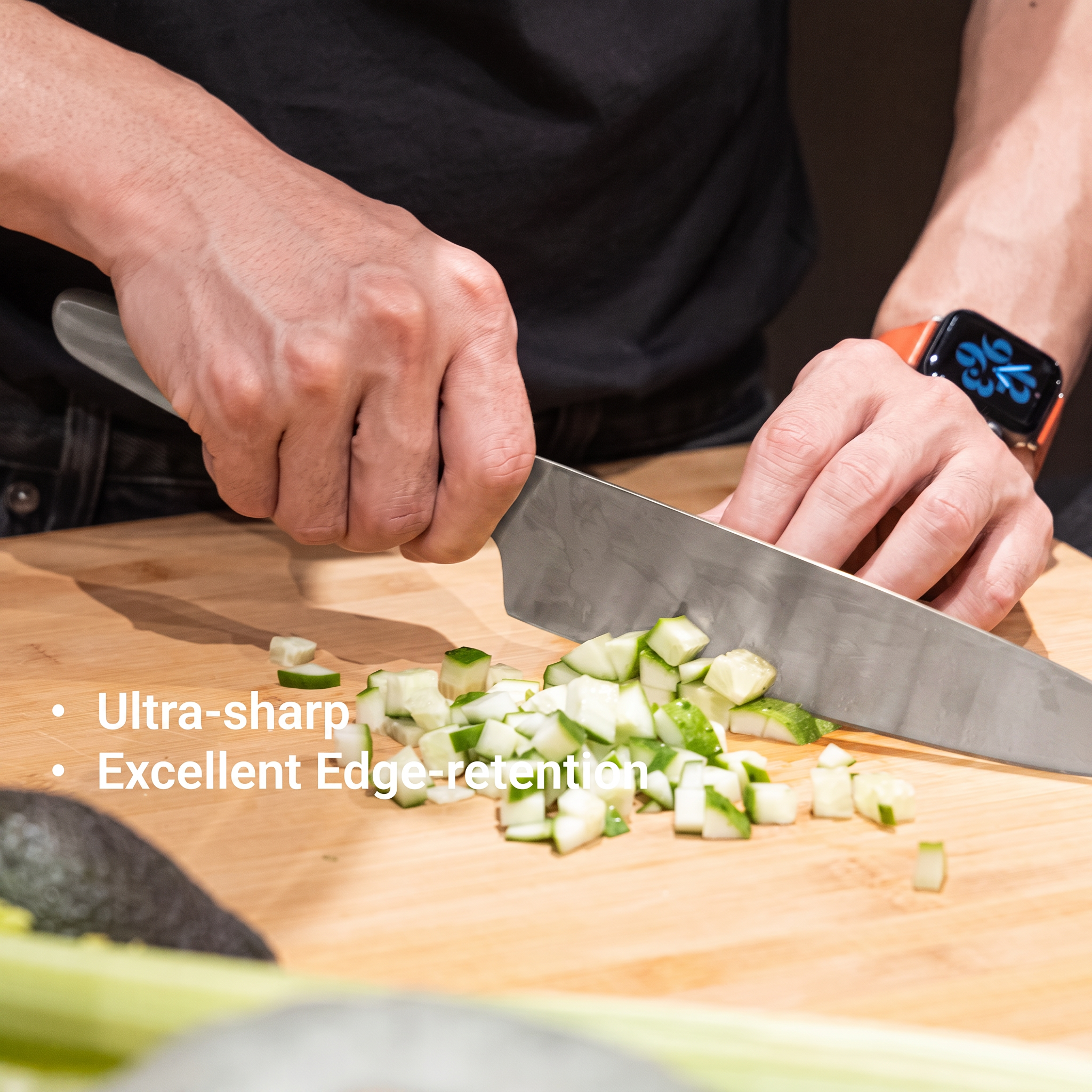 Minimal Matte knife dicing cucumber — ultra-sharp, excellent edge retention