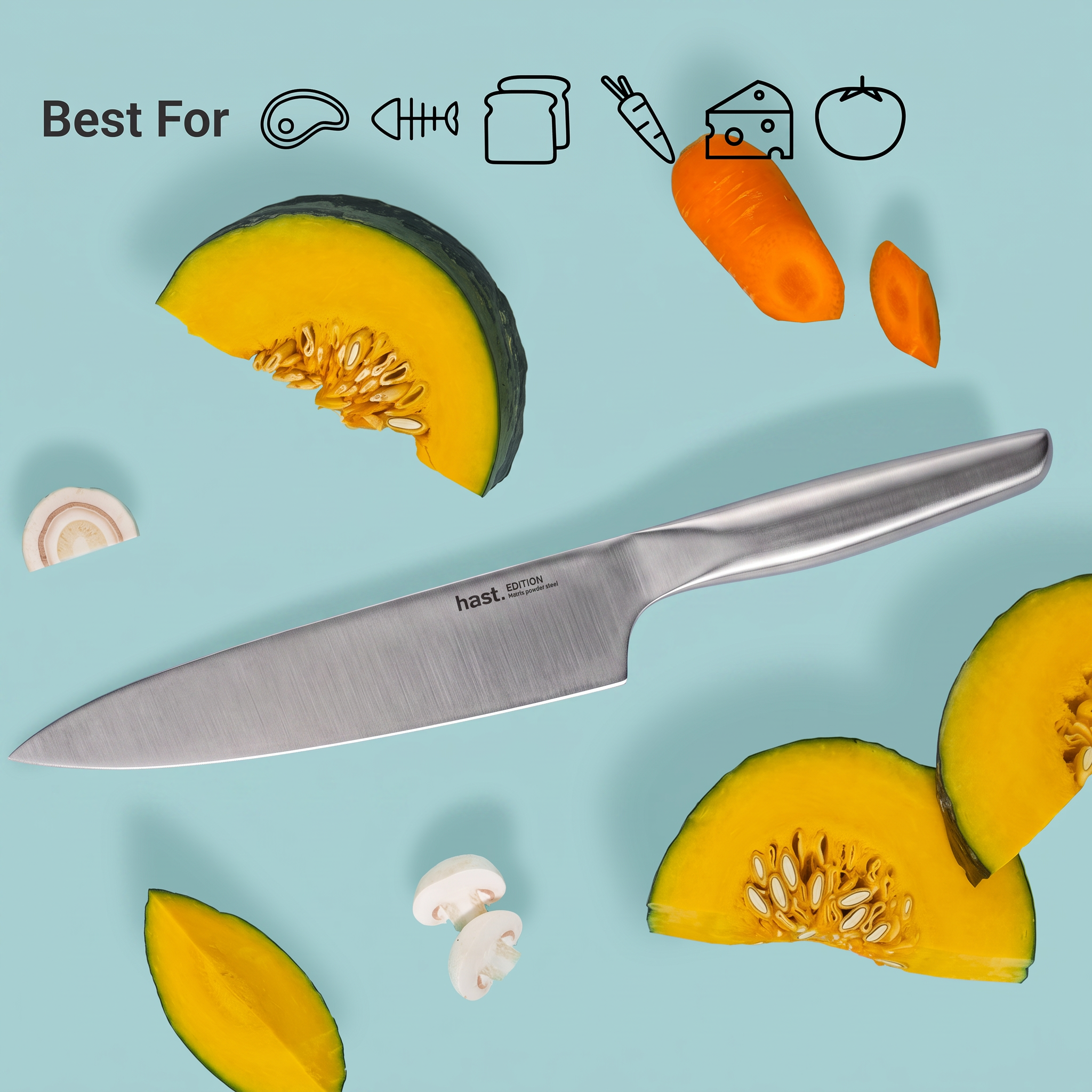 Minimal Matte knife flatlay — best for meat, fish, bread and vegetables